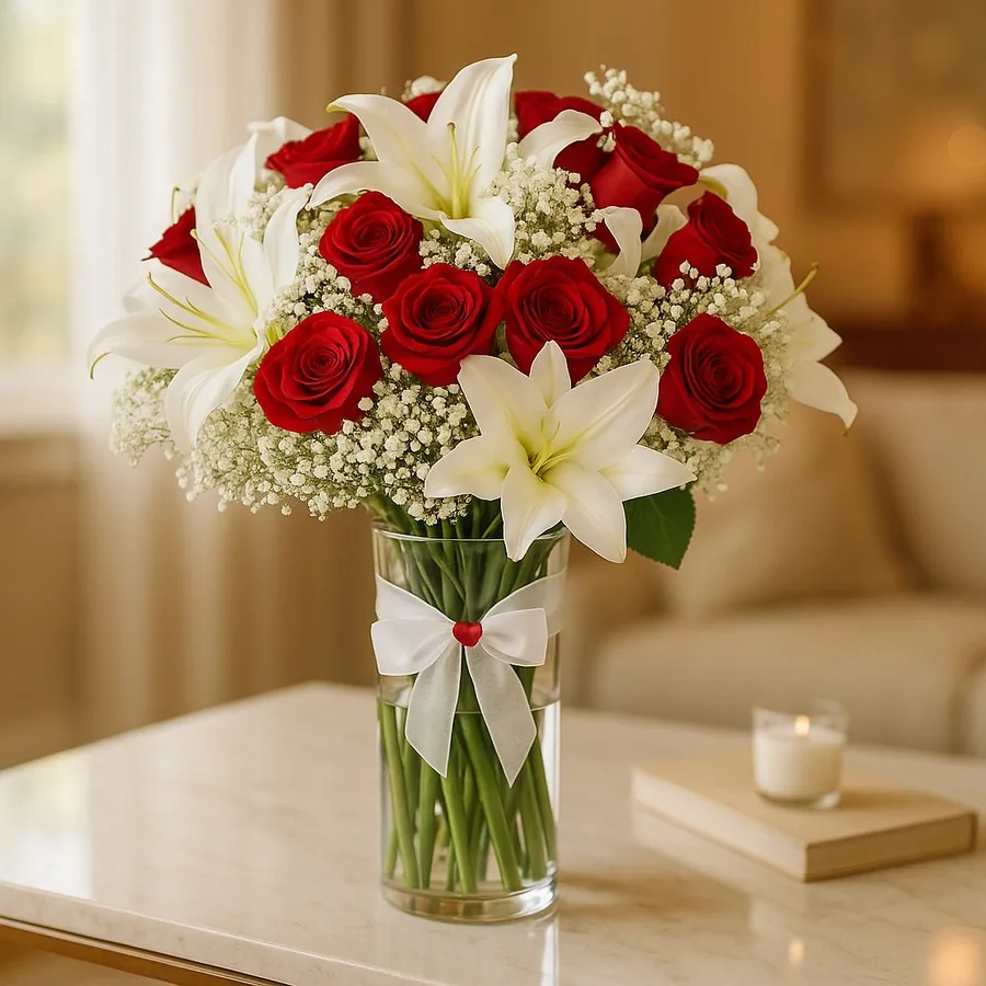 15 Rot Rosen und Lilie in der Glasvase