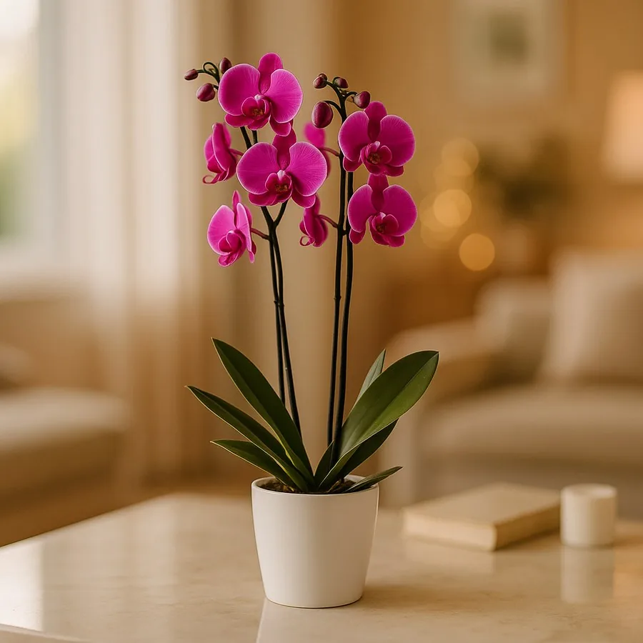 Double-Stem Purple Orchid in a Ceramic Vase