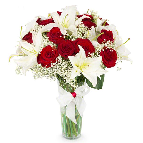15 Rot Rosen und Lilie in der Glasvase